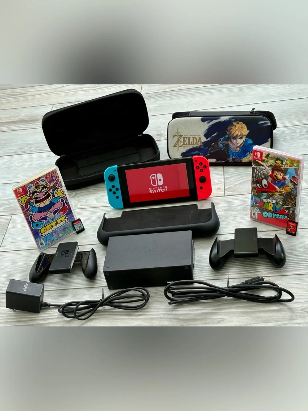 Nintendo Switch V2 HAC-001(-01) Console Bundle Mario Odyssey WarioWare Dock Case